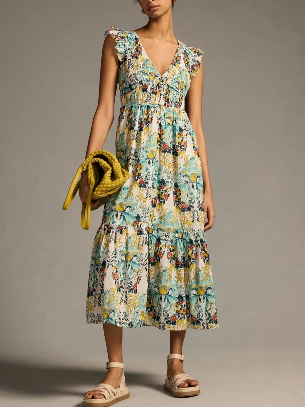 Anyhropotigie Floral Tiered V-Neck Midi Dress